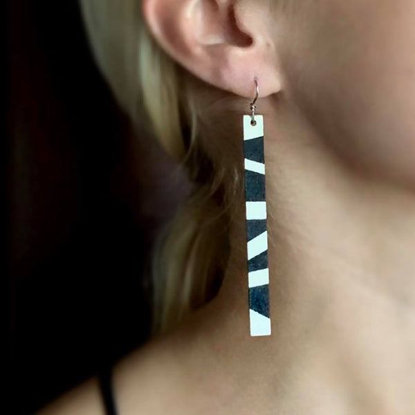 Model wearing Black & Wood Geometric Drop Earrings