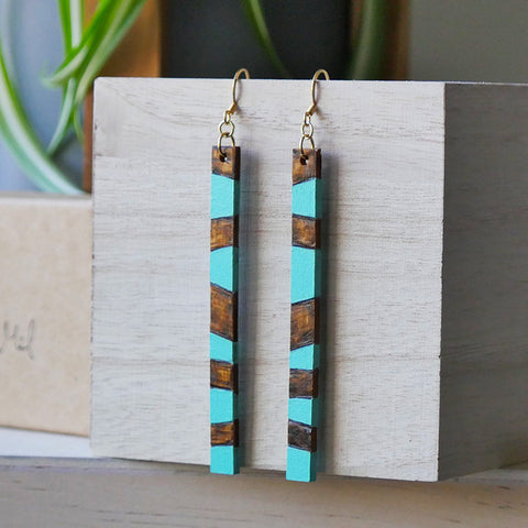 Teal & Burned Wood - Striped Drop Earrings