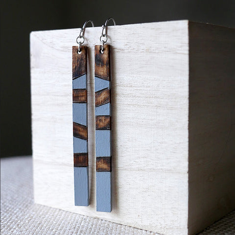 Gray & Burned Wood - Striped Drop Earrings