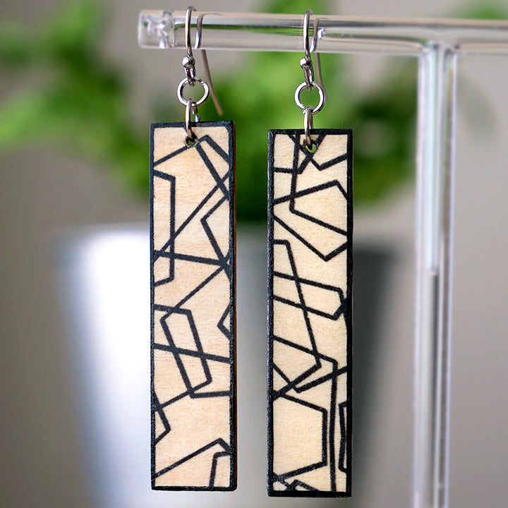 Long, Wood Drop Earrings with Layered Black Geometric Lines