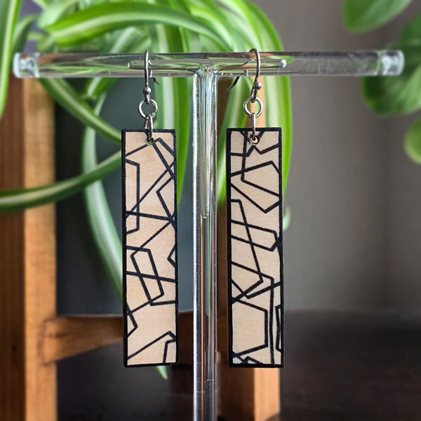 Long, Wood Drop Earrings with Layered Black Geometric Lines